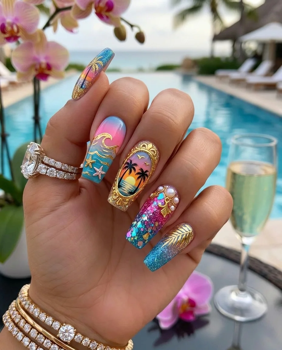 Довгий літній манікюр beach glam із морською зіркою довгий літній манікюр з хвилями пальмами і морською зіркою